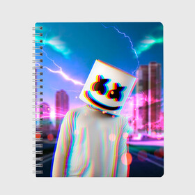 Тетрадь с принтом Marshmello Glitch в Белгороде, 100% бумага | 48 листов, плотность листов — 60 г/м2, плотность картонной обложки — 250 г/м2. Листы скреплены сбоку удобной пружинной спиралью. Уголки страниц и обложки скругленные. Цвет линий — светло-серый
 | christopher | comstock | dj | dotcom | fortnite | friends | glitch | marshmallow | marshmello | usa | глитч | диджей | друзья | зефир | комсток | крис | мармелад | маршмэллоу | молнии | музыка | продюсер | сша | фортнайт | хаус | электро