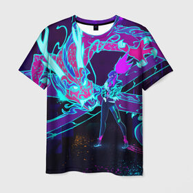 Мужская футболка 3D с принтом League Of Legends Neon Dragon в Белгороде, 100% полиэфир | прямой крой, круглый вырез горловины, длина до линии бедер | akali | dragon | kda | league of egends | lol | neon | дракон | неон | персонаж