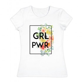 Женская футболка хлопок с принтом GRL PWR в Белгороде, 100% хлопок | прямой крой, круглый вырез горловины, длина до линии бедер, слегка спущенное плечо | 8 марта | feminism | girl power | like a girl | venus | весна | женщины | международный женский день | подарок | феминизм