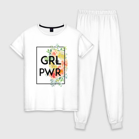 Женская пижама хлопок с принтом GRL PWR в Белгороде, 100% хлопок | брюки и футболка прямого кроя, без карманов, на брюках мягкая резинка на поясе и по низу штанин | 8 марта | feminism | girl power | like a girl | venus | весна | женщины | международный женский день | подарок | феминизм