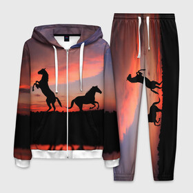 Мужской костюм 3D с принтом Кони на закате в Белгороде, 100% полиэстер | Манжеты и пояс оформлены тканевой резинкой, двухслойный капюшон со шнурком для регулировки, карманы спереди | Тематика изображения на принте: животные | закат | кони | конь | лошади | лошадь | природа