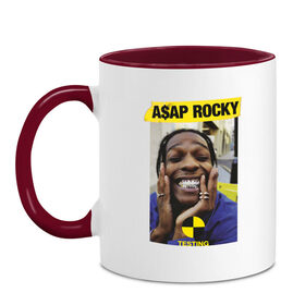 Кружка двухцветная с принтом A$AP ROCKY в Белгороде, керамика | объем — 330 мл, диаметр — 80 мм. Цветная ручка и кайма сверху, в некоторых цветах — вся внутренняя часть | aap | asap | mob | rap | rocky | testing | асап | банда | моб | раким | реп | роки | рэп | рэпер | тестинг | эйсап | эсап