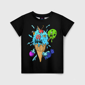 Детская футболка 3D с принтом Мороженое Монстр в Белгороде, 100% гипоаллергенный полиэфир | прямой крой, круглый вырез горловины, длина до линии бедер, чуть спущенное плечо, ткань немного тянется | candy | ice cream | marshmallow | monster | monsters | oreo | sweets | zombie | зомби | леденец | леденцы | маршмеллоу | монстр | монстры | мороженое | орео | сладости
