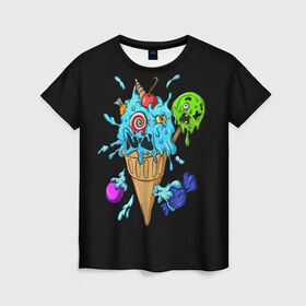 Женская футболка 3D с принтом Мороженое Монстр в Белгороде, 100% полиэфир ( синтетическое хлопкоподобное полотно) | прямой крой, круглый вырез горловины, длина до линии бедер | candy | ice cream | marshmallow | monster | monsters | oreo | sweets | zombie | зомби | леденец | леденцы | маршмеллоу | монстр | монстры | мороженое | орео | сладости