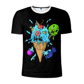 Мужская футболка 3D спортивная с принтом Мороженое Монстр в Белгороде, 100% полиэстер с улучшенными характеристиками | приталенный силуэт, круглая горловина, широкие плечи, сужается к линии бедра | candy | ice cream | marshmallow | monster | monsters | oreo | sweets | zombie | зомби | леденец | леденцы | маршмеллоу | монстр | монстры | мороженое | орео | сладости