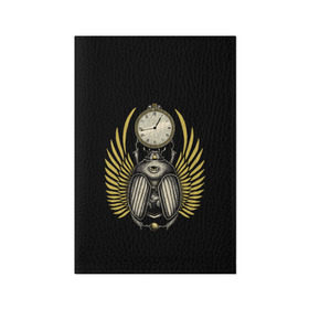 Обложка для паспорта матовая кожа с принтом жук скарабей в Белгороде, натуральная матовая кожа | размер 19,3 х 13,7 см; прозрачные пластиковые крепления | арт | время | жук | золото | история | крылья | лапки | мумия | психоделика | скарабей | третий глаз | часы | черно желтый