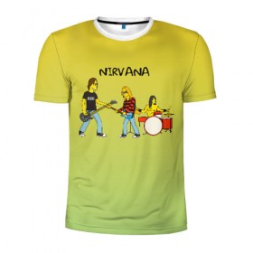 Мужская футболка 3D спортивная с принтом Nirvana в стиле simpsons в Белгороде, 100% полиэстер с улучшенными характеристиками | приталенный силуэт, круглая горловина, широкие плечи, сужается к линии бедра | Тематика изображения на принте: 