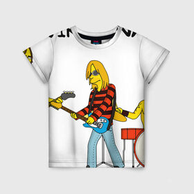Детская футболка 3D с принтом Nirvana в стиле simpsons в Белгороде, 100% гипоаллергенный полиэфир | прямой крой, круглый вырез горловины, длина до линии бедер, чуть спущенное плечо, ткань немного тянется | nirvana | simpsons | барабаны | басы | гитара | курт | курт кобейн | музыканты | мультик | нирвана | рок | симпсоны