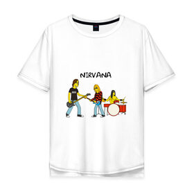 Мужская футболка хлопок Oversize с принтом Nirvana в стиле simpsons в Белгороде, 100% хлопок | свободный крой, круглый ворот, “спинка” длиннее передней части | Тематика изображения на принте: nirvana | simpsons | барабаны | басы | гитара | курт | курт кобейн | музыканты | мультик | нирвана | рок | симпсоны