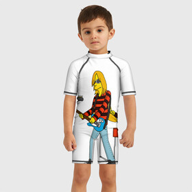Детский купальный костюм 3D с принтом Nirvana в стиле simpsons в Белгороде, Полиэстер 85%, Спандекс 15% | застежка на молнии на спине | nirvana | simpsons | барабаны | басы | гитара | курт | курт кобейн | музыканты | мультик | нирвана | рок | симпсоны