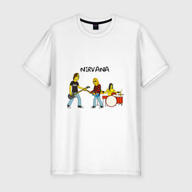 Мужская футболка премиум с принтом Nirvana в стиле simpsons в Белгороде, 92% хлопок, 8% лайкра | приталенный силуэт, круглый вырез ворота, длина до линии бедра, короткий рукав | nirvana | simpsons | барабаны | басы | гитара | курт | курт кобейн | музыканты | мультик | нирвана | рок | симпсоны