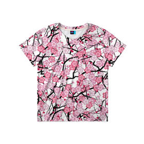 Детская футболка 3D с принтом Сакура в Белгороде, 100% гипоаллергенный полиэфир | прямой крой, круглый вырез горловины, длина до линии бедер, чуть спущенное плечо, ткань немного тянется | blossoms | cherry | flower | pink | sakura | spring | white | абстракция | белые | весна | ветки | вишня | графика | иллюстрация | картинка | лепестки | мода | молодежная | орнамент | природа | рисунок | розовые | сакура