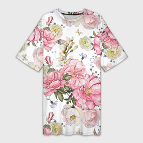 Платье-футболка 3D с принтом Розовые розы в Белгороде,  |  | bouquet | fashion | flora | flowers | illustra | nature | ornament | patterns | petals | pink | roses | style | youth | белый | букет | графика | иллюстрация | картинка | лепестки | мода | молодежная | орнамент | природа | рисунок | розовые | розы