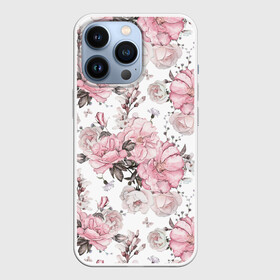 Чехол для iPhone 13 Pro с принтом Розовые розы в Белгороде,  |  | bouquet | fashion | flora | flowers | illustra | nature | ornament | patterns | petals | pink | roses | style | youth | белый | букет | графика | иллюстрация | картинка | лепестки | мода | молодежная | орнамент | природа | рисунок | розовые | розы