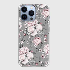 Чехол для iPhone 13 Pro с принтом Розовые розы в Белгороде,  |  | bouquet | f | flora | flowers | leaves | nature | ornament | patterns | petals | pink | roses | style | youth | букет | графика | иллюстрация | картинка | лепестки | листья | мода | молодежная | орнамент | природа | рисунок | розовые | розы | серый