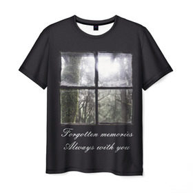 Мужская футболка 3D с принтом Forgotten Memories в Белгороде, 100% полиэфир | прямой крой, круглый вырез горловины, длина до линии бедер | Тематика изображения на принте: деревья | лес | мрачный | надпись | окно | старый | стекло