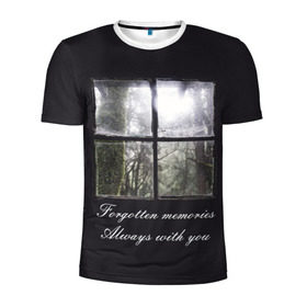 Мужская футболка 3D спортивная с принтом Forgotten Memories в Белгороде, 100% полиэстер с улучшенными характеристиками | приталенный силуэт, круглая горловина, широкие плечи, сужается к линии бедра | деревья | лес | мрачный | надпись | окно | старый | стекло
