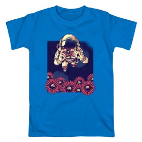 Мужская футболка хлопок с принтом Космонавт с Фотоаппаратом в Белгороде, 100% хлопок | прямой крой, круглый вырез горловины, длина до линии бедер, слегка спущенное плечо. | nasa | астронавт | космонавт | космос | наса | с цветами | фото | фотограф | цветы