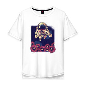 Мужская футболка хлопок Oversize с принтом Космонавт с Фотоаппаратом в Белгороде, 100% хлопок | свободный крой, круглый ворот, “спинка” длиннее передней части | nasa | астронавт | космонавт | космос | наса | с цветами | фото | фотограф | цветы