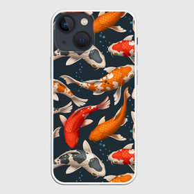 Чехол для iPhone 13 mini с принтом Карпы кои в Белгороде,  |  | carp | fish | koi | белые | вода | волны | графика | золотая | иллюстрация | карпы | картинка | кои | косяк | красные | мода | молодежная | оранжевые | орнамент | плеск | плывут | природа | пузыри | пятна