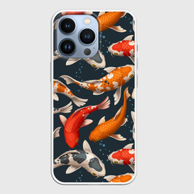 Чехол для iPhone 13 Pro с принтом Карпы кои в Белгороде,  |  | carp | fish | koi | белые | вода | волны | графика | золотая | иллюстрация | карпы | картинка | кои | косяк | красные | мода | молодежная | оранжевые | орнамент | плеск | плывут | природа | пузыри | пятна