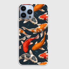 Чехол для iPhone 13 Pro Max с принтом Карпы кои в Белгороде,  |  | carp | fish | koi | белые | вода | волны | графика | золотая | иллюстрация | карпы | картинка | кои | косяк | красные | мода | молодежная | оранжевые | орнамент | плеск | плывут | природа | пузыри | пятна