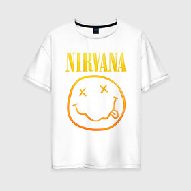 Женская футболка хлопок Oversize с принтом NIRVANA в Белгороде, 100% хлопок | свободный крой, круглый ворот, спущенный рукав, длина до линии бедер
 | nirvana | альтернативный рок | гранж | группа | курт кобейн | логотип нирвана | музыка | нирвана | песни | рок
