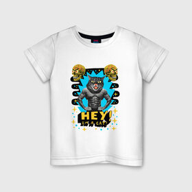Детская футболка хлопок с принтом Hey! I`m a cat! в Белгороде, 100% хлопок | круглый вырез горловины, полуприлегающий силуэт, длина до линии бедер | абстракция | голова кошки | звездочки | звезды | кошачьи глаза | кошка | психоделика | трэш | человеческое тело | череп | эй | я кот