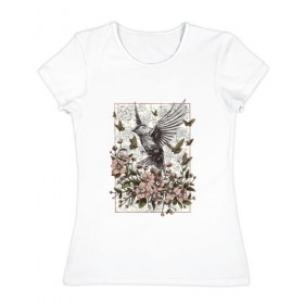 Женская футболка хлопок с принтом Птица и бабочки в Белгороде, 100% хлопок | прямой крой, круглый вырез горловины, длина до линии бедер, слегка спущенное плечо | абстракция | арт | бабочки | весенняя | калибри | картина | легкость | минимализм | природа | птица | свежесть | светлая | цветы