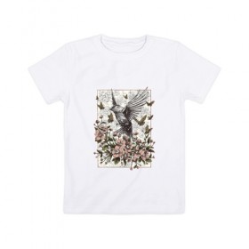 Детская футболка хлопок с принтом Птица и бабочки в Белгороде, 100% хлопок | круглый вырез горловины, полуприлегающий силуэт, длина до линии бедер | абстракция | арт | бабочки | весенняя | калибри | картина | легкость | минимализм | природа | птица | свежесть | светлая | цветы