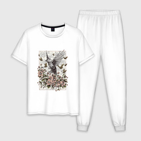 Мужская пижама хлопок с принтом Птица и бабочки в Белгороде, 100% хлопок | брюки и футболка прямого кроя, без карманов, на брюках мягкая резинка на поясе и по низу штанин
 | абстракция | арт | бабочки | весенняя | калибри | картина | легкость | минимализм | природа | птица | свежесть | светлая | цветы