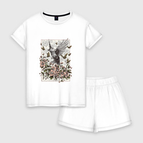 Женская пижама с шортиками хлопок с принтом Птица и бабочки в Белгороде, 100% хлопок | футболка прямого кроя, шорты свободные с широкой мягкой резинкой | абстракция | арт | бабочки | весенняя | калибри | картина | легкость | минимализм | природа | птица | свежесть | светлая | цветы