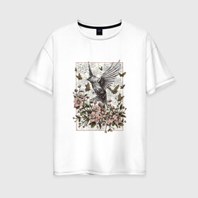 Женская футболка хлопок Oversize с принтом Птица и бабочки в Белгороде, 100% хлопок | свободный крой, круглый ворот, спущенный рукав, длина до линии бедер
 | абстракция | арт | бабочки | весенняя | калибри | картина | легкость | минимализм | природа | птица | свежесть | светлая | цветы