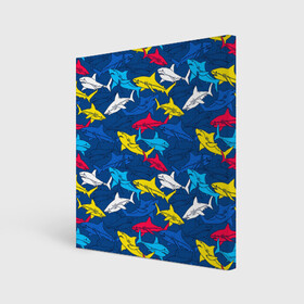 Холст квадратный с принтом Акулы в Белгороде, 100% ПВХ |  | blue | drawin | fashion | fish | illustration | ocean | predator | red | sea | sharks | style | water | yellow | youth | акулы | вода | графика | жёлтый | иллюстрация | картинка | красный | мода | молодежная | море | океан | рисунок | рыба | син