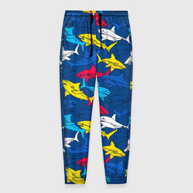 Мужские брюки 3D с принтом Акулы в Белгороде, 100% полиэстер | манжеты по низу, эластичный пояс регулируется шнурком, по бокам два кармана без застежек, внутренняя часть кармана из мелкой сетки | blue | drawin | fashion | fish | illustration | ocean | predator | red | sea | sharks | style | water | yellow | youth | акулы | вода | графика | жёлтый | иллюстрация | картинка | красный | мода | молодежная | море | океан | рисунок | рыба | син