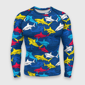 Мужской рашгард 3D с принтом Акулы в Белгороде,  |  | blue | drawin | fashion | fish | illustration | ocean | predator | red | sea | sharks | style | water | yellow | youth | акулы | вода | графика | жёлтый | иллюстрация | картинка | красный | мода | молодежная | море | океан | рисунок | рыба | син