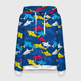 Женская толстовка 3D с принтом Акулы в Белгороде, 100% полиэстер  | двухслойный капюшон со шнурком для регулировки, мягкие манжеты на рукавах и по низу толстовки, спереди карман-кенгуру с мягким внутренним слоем. | blue | drawin | fashion | fish | illustration | ocean | predator | red | sea | sharks | style | water | yellow | youth | акулы | вода | графика | жёлтый | иллюстрация | картинка | красный | мода | молодежная | море | океан | рисунок | рыба | син