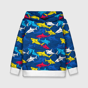 Детская толстовка 3D с принтом Акулы в Белгороде, 100% полиэстер | двухслойный капюшон со шнурком для регулировки, мягкие манжеты на рукавах и по низу толстовки, спереди карман-кенгуру с мягким внутренним слоем | blue | drawin | fashion | fish | illustration | ocean | predator | red | sea | sharks | style | water | yellow | youth | акулы | вода | графика | жёлтый | иллюстрация | картинка | красный | мода | молодежная | море | океан | рисунок | рыба | син