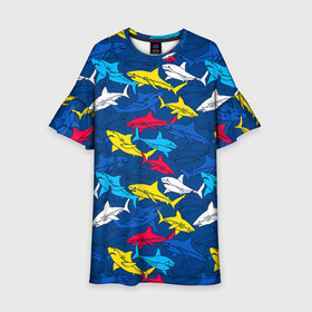 Детское платье 3D с принтом Акулы в Белгороде, 100% полиэстер | прямой силуэт, чуть расширенный к низу. Круглая горловина, на рукавах — воланы | blue | drawin | fashion | fish | illustration | ocean | predator | red | sea | sharks | style | water | yellow | youth | акулы | вода | графика | жёлтый | иллюстрация | картинка | красный | мода | молодежная | море | океан | рисунок | рыба | син