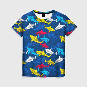 Женская футболка 3D с принтом Акулы в Белгороде, 100% полиэфир ( синтетическое хлопкоподобное полотно) | прямой крой, круглый вырез горловины, длина до линии бедер | blue | drawin | fashion | fish | illustration | ocean | predator | red | sea | sharks | style | water | yellow | youth | акулы | вода | графика | жёлтый | иллюстрация | картинка | красный | мода | молодежная | море | океан | рисунок | рыба | син