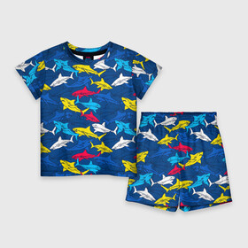 Детский костюм с шортами 3D с принтом Акулы в Белгороде,  |  | blue | drawin | fashion | fish | illustration | ocean | predator | red | sea | sharks | style | water | yellow | youth | акулы | вода | графика | жёлтый | иллюстрация | картинка | красный | мода | молодежная | море | океан | рисунок | рыба | син
