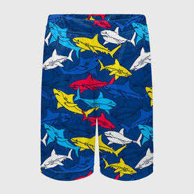 Детские спортивные шорты 3D с принтом Акулы в Белгороде,  100% полиэстер
 | пояс оформлен широкой мягкой резинкой, ткань тянется
 | blue | drawin | fashion | fish | illustration | ocean | predator | red | sea | sharks | style | water | yellow | youth | акулы | вода | графика | жёлтый | иллюстрация | картинка | красный | мода | молодежная | море | океан | рисунок | рыба | син