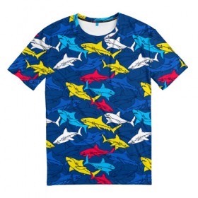 Мужская футболка 3D с принтом Акулы в Белгороде, 100% полиэфир | прямой крой, круглый вырез горловины, длина до линии бедер | blue | drawin | fashion | fish | illustration | ocean | predator | red | sea | sharks | style | water | yellow | youth | акулы | вода | графика | жёлтый | иллюстрация | картинка | красный | мода | молодежная | море | океан | рисунок | рыба | син