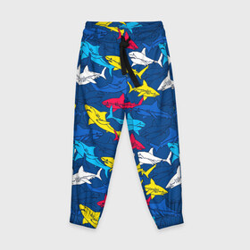 Детские брюки 3D с принтом Акулы в Белгороде, 100% полиэстер | манжеты по низу, эластичный пояс регулируется шнурком, по бокам два кармана без застежек, внутренняя часть кармана из мелкой сетки | blue | drawin | fashion | fish | illustration | ocean | predator | red | sea | sharks | style | water | yellow | youth | акулы | вода | графика | жёлтый | иллюстрация | картинка | красный | мода | молодежная | море | океан | рисунок | рыба | син