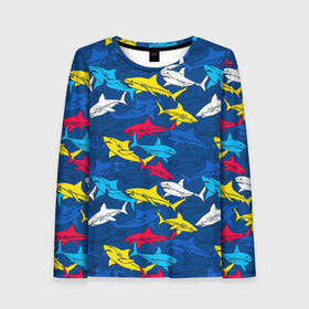 Женский лонгслив 3D с принтом Акулы в Белгороде, 100% полиэстер | длинные рукава, круглый вырез горловины, полуприлегающий силуэт | blue | drawin | fashion | fish | illustration | ocean | predator | red | sea | sharks | style | water | yellow | youth | акулы | вода | графика | жёлтый | иллюстрация | картинка | красный | мода | молодежная | море | океан | рисунок | рыба | син
