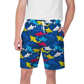 Мужские шорты 3D с принтом Акулы в Белгороде,  полиэстер 100% | прямой крой, два кармана без застежек по бокам. Мягкая трикотажная резинка на поясе, внутри которой широкие завязки. Длина чуть выше колен | blue | drawin | fashion | fish | illustration | ocean | predator | red | sea | sharks | style | water | yellow | youth | акулы | вода | графика | жёлтый | иллюстрация | картинка | красный | мода | молодежная | море | океан | рисунок | рыба | син
