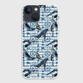 Чехол для iPhone 13 mini с принтом Киты в Белгороде,  |  | animals | lighthouse | ocean | s | sea | steering wheel | vest | water | whales | вода | графика | животные | иллюстрация | картинка | киты | маяк | мода | молодежная | море | океан | полосы | рисунок | синий | стиль | тельняшка | фон