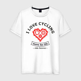 Мужская футболка хлопок с принтом I LOVE CYCLING в Белгороде, 100% хлопок | прямой крой, круглый вырез горловины, длина до линии бедер, слегка спущенное плечо. | Тематика изображения на принте: forever | move | ride | байк | велик | велосипед | велоспорт | движение | звёздочка | любовь | сердце | цепь | шестерня
