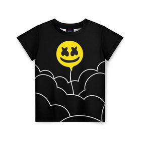 Детская футболка 3D с принтом MARSHMELLO - HAPPIER в Белгороде, 100% гипоаллергенный полиэфир | прямой крой, круглый вырез горловины, длина до линии бедер, чуть спущенное плечо, ткань немного тянется | Тематика изображения на принте: happier | marsh | marshmallow | marshmello | marshmelo | mello | music | smile | диджей | лого | маршмеллов | маршмеллоу | маршмеллу | маршмело | маршмелов | маршмелоу | музыка | музыкант | трэп | улыбка | хаус
