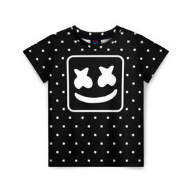 Детская футболка 3D с принтом MARSHMELLO в Белгороде, 100% гипоаллергенный полиэфир | прямой крой, круглый вырез горловины, длина до линии бедер, чуть спущенное плечо, ткань немного тянется | marsh | marshmallow | marshmello | marshmelo | mello | music | smile | диджей | лого | маршмеллов | маршмеллоу | маршмеллу | маршмело | маршмелов | маршмелоу | музыка | музыкант | рожица | трэп | улыбка | хаус